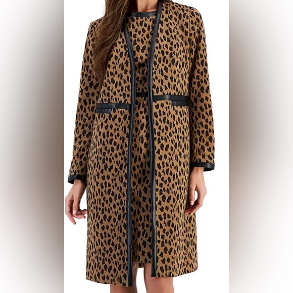Kasper Jackets & Blazers - Kasper Animal-Print Faux-Leather-Trim Open-Front Jacquard Jacket Sz 16